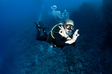 scuba diver gives OK sign