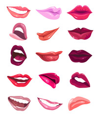Set of 15 glamour lips, with different lipstick colors.