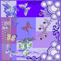 composition with blue butterflies and orchids