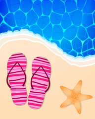 Fototapeta premium Summer illustration with ocean, beach, flip-flops and starfish