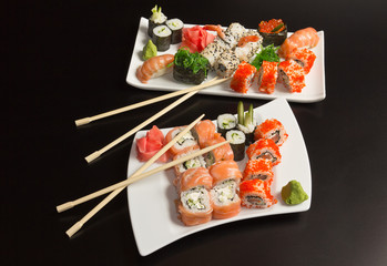 Japanese  seafood  sushi , rolls and chopstick for two plates