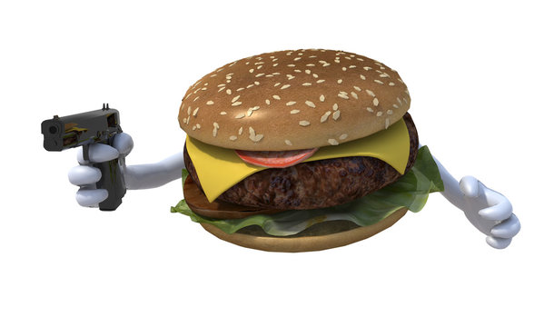 hamburger with hands and gun