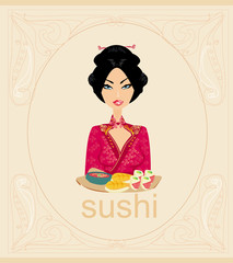 beautiful Asian girl enjoy sushi - menu template