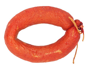 Tasty sausage is curtailed by a ring lies on a white background © schankz