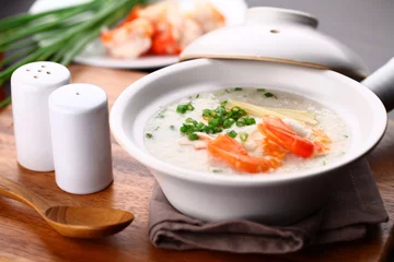 Poster Traditional chinese porridge rice gruel in bowl, congee © harikan