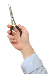 Business man holding needle-nose pliers