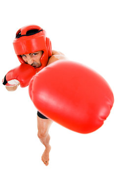 Top view of young Boxer fighter with boxing helmet and gloves ov