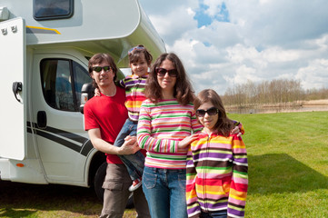 Family vacation in camping. Travel on motorhome with kids