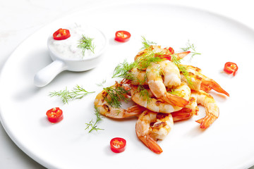 grilled prawns with dip of garlic, chilli and dill