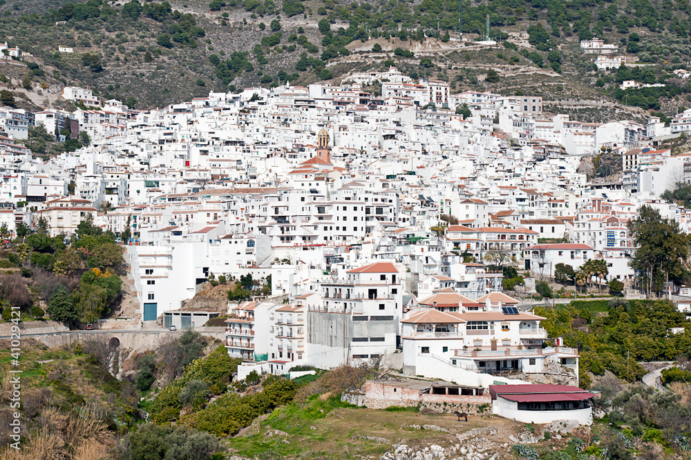 Poster Competa in Spain, a traditional white town/village