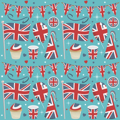UK seamless vector party pattern with flags, balloons, treats and bunting