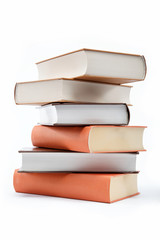 A stack of books on a white background.