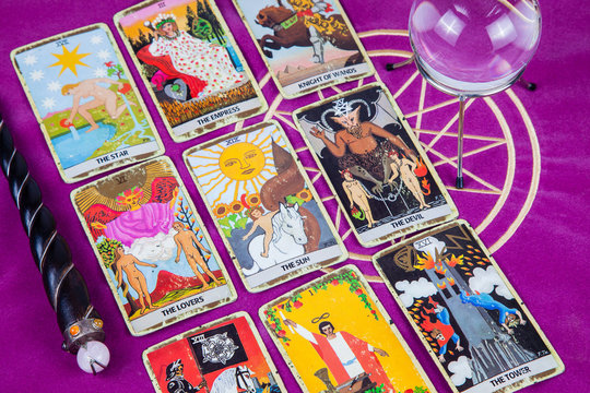 Tarot cards with a magic ball and magic wand (8).