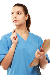 A female doctor with a folder isolated on white background