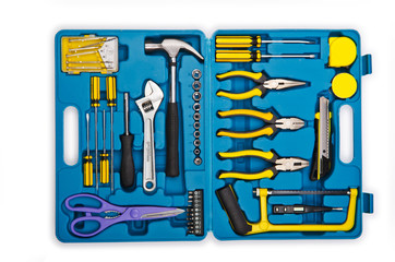 Toolkit with many tools isolated on white