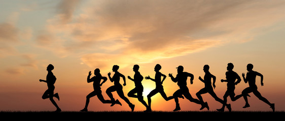 Marathon, black silhouettes of runners on the sunset