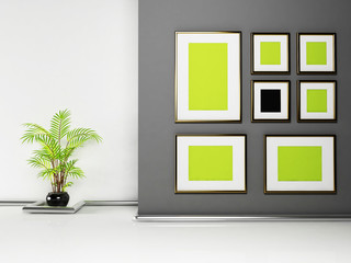 frames on the wall and a plant