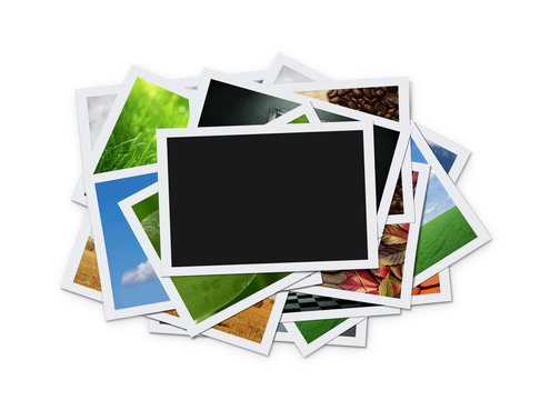 Stack of instant photos with clipping path for the blank one
