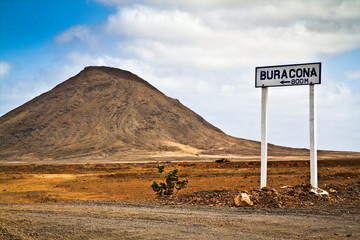 View of a street sign and a mountain in the Cape Verde islands.