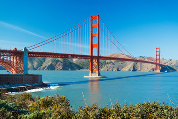 The Golden Gate Bridge in San Francisco with beautiful blue ocea