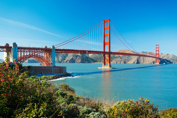 The Golden Gate Bridge in San Francisco with beautiful blue ocea