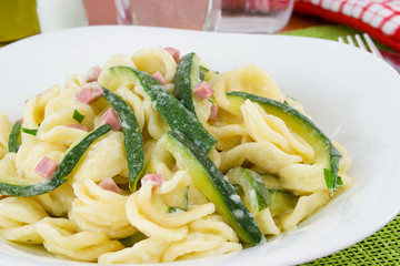 orecchiette pasta with zucchini, ham and cheese