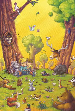 niños leyendo y rodeados de animales del bosque