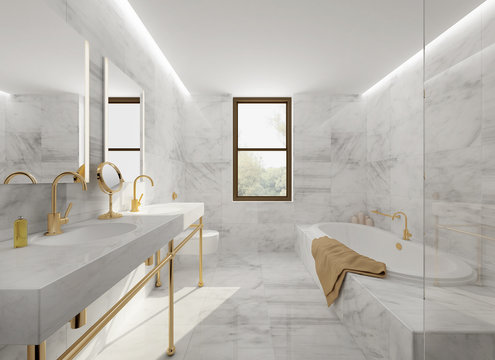 Minimal Elegant Luxury Bathroom, Gold White Marble