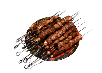 Shish kebab with onion and bread isolated on white