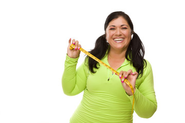 Hispanic Woman In Workout Clothes with Tape Measure