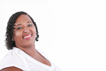 close up of plus size black model smiling, copyspace on white