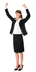 Happy gesturing businesswoman , on white