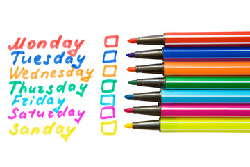 Days of the week - a plan, written with of colorful markers