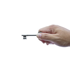 Hand holding keys isolated on a white background