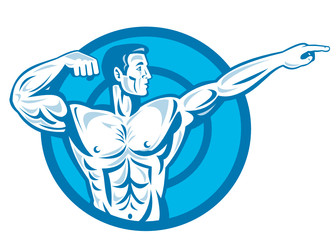 Bodybuilder Flexing Muscles Pointing Side Retro