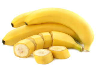 sliced bananas isolated on white background - obrazy, fototapety, plakaty