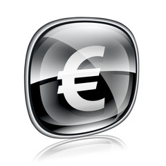 Euro icon black glass, isolated on white background