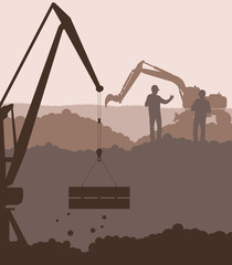 Excavator loader and crane at construction site vector