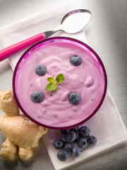 blueberry mousse with yogurt and ginger, healty food