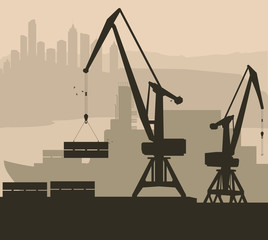 Harbor port crane with ship vector background
