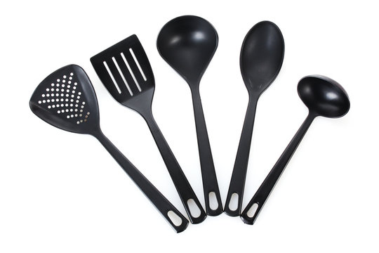 black kitchen utensils isolated on white