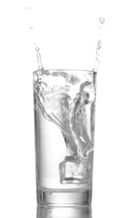 fresh water in glass with ice cubes isolated on white
