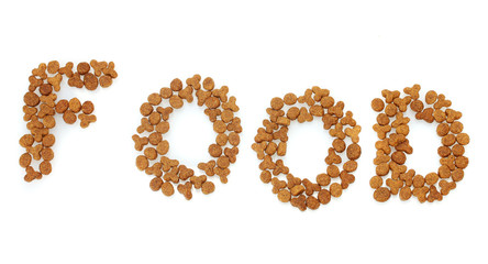 Inscription Food of dry cat food isolated on white