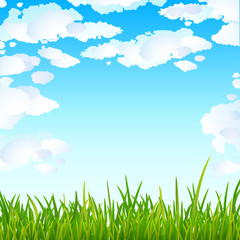 Background with bright blue sky and green grass