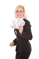 Ecstatic woman with a fistful of money