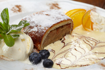apple strudel with vanilla ice cream