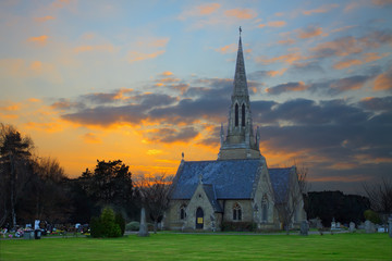 Old catholic church at dusk