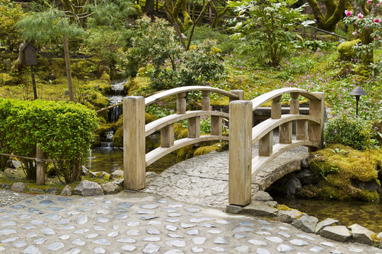 Bridge crossing stream in Japanese Garden