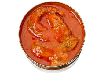 Tin can with fish in tomato sauce