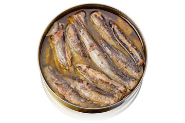 Tin can with sprats on white